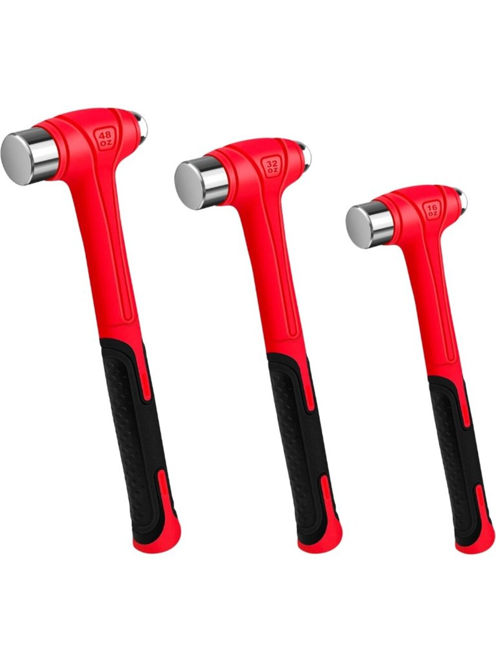 3 Piece Ball Peen Hammer Set - 16oz, 32oz, 48oz, Fiberglass Handle, Forged Steel